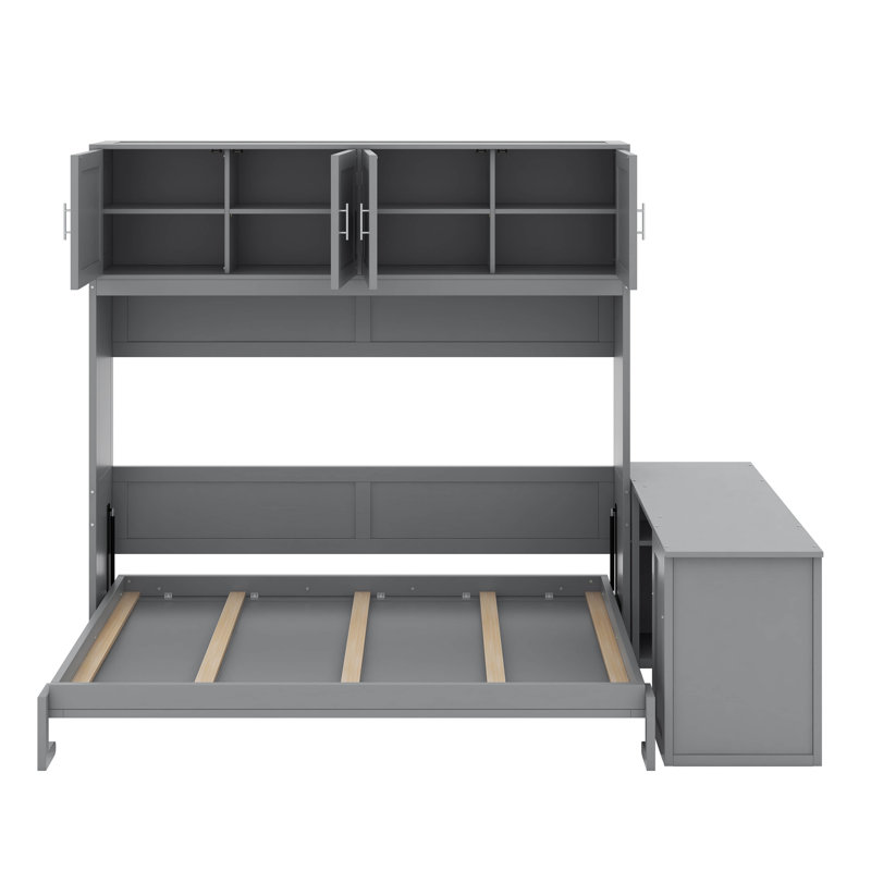 Grand lit escamotable avec bureau et tablettes, Gris