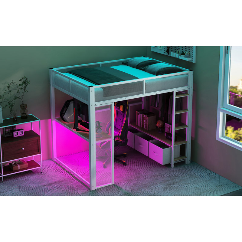 Lit mezzanine en métal blanc avec DEL, bureau, rangement et 3 tiroirs - garde-robe ouverte pleine grandeur avec tiroirs en lin