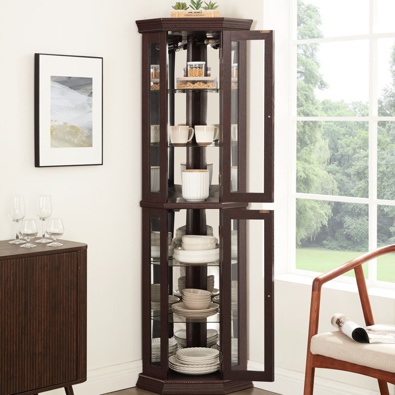Illuminated 3 - Side Glass Cabinet With Build, 4 Corner Shelves, Clear Visibility, Cherry For Home Decorating Display Built In , Tipping Device, Tool Setup,
