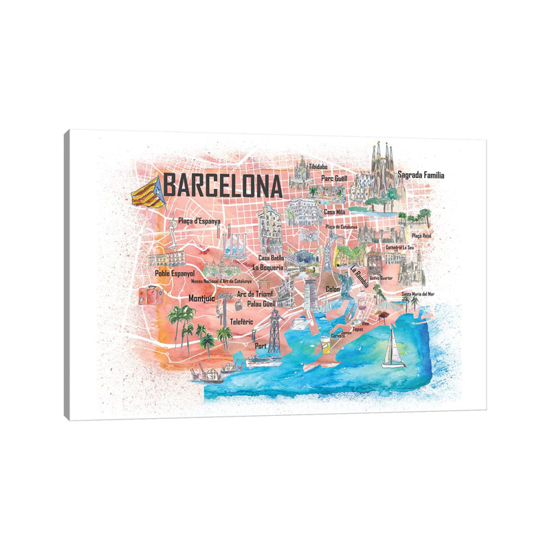 Barcelona Illustrated Travel Map With Main Roads, Landmarks And Highlights by Markus & Martina Bleichner - Wrapped Canvas Gallery-Wrapped Canvas Giclée