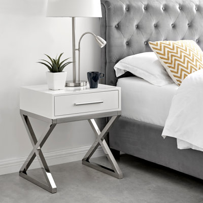 Romriell Gloss and Chrome Metal Bedside Table 1 Drawer Modern Minimalist Design
