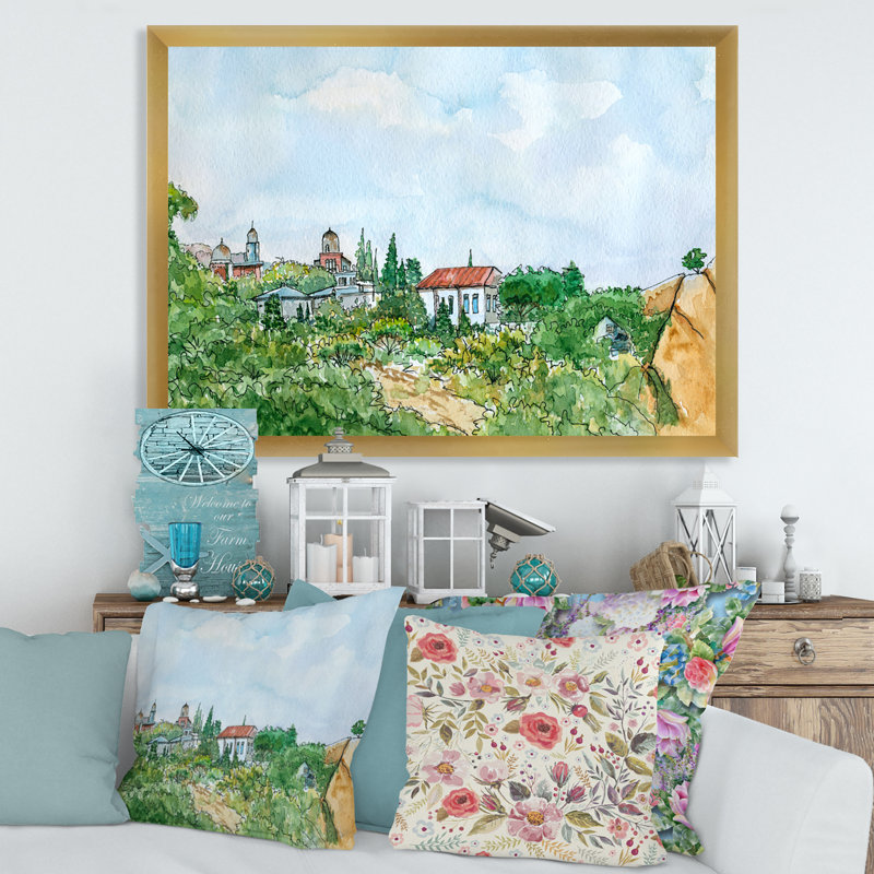 Maison blanche avec toit rouge à la campagne - Peinture sur toile, H 30 po x l 40 po x 1,5 po, Toile encadrée d'or
