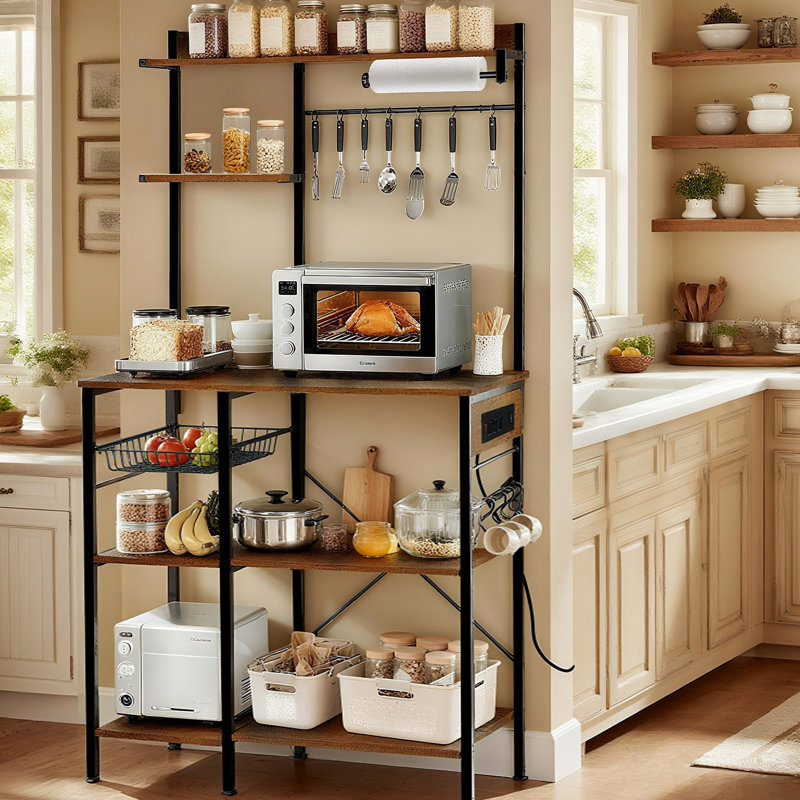 Support pour micro-ondes avec rangement et prise de courant, support pour épices Bakers, crochets en forme de S pour bar à café, panier de tablette de cuisine brun, option d'économie d'espace, structure renforcée, bar, rangement pour épices en fil de fer
