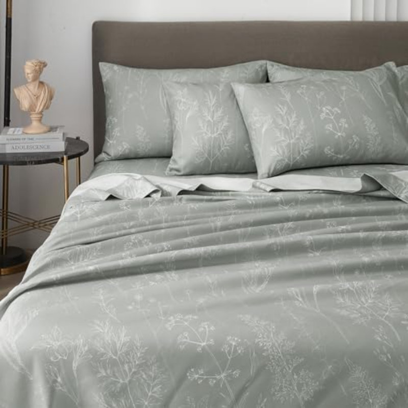 Ensemble de draps 6 pièces pour très grand lit, feuilles à motif floral, draps gris à poches profondes jusqu'à 18 pouces