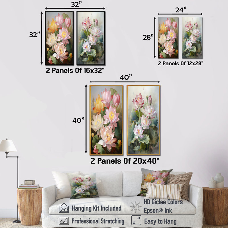 Lotus Exquis Bouquet - lot de 2 impressions sur lotus, Cadre noir, H 40 po x l 41 po