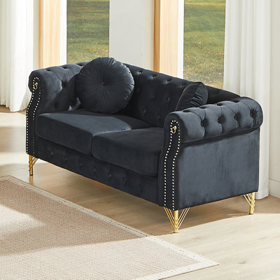 82-Inch Velvet Chesterfield Sofa With Round Pillows, Stud Detailing, Tufted Buttons, Metal Legs & Hangable Loop Design