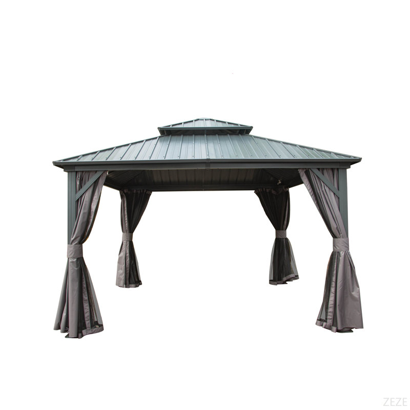 12' X 12' Hardtop Gazebo, Aluminum Metal Gazebo With Galvanized Steel Double Roof Canopy, Curtain And Netting, Permanent Gazebo Pavilion For Patio, Backyard, Deck, Lawn