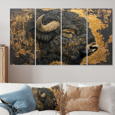 «Black and Gold Bison Glory Portrait II - Buffalo Animal», ensemble d'art sur toile