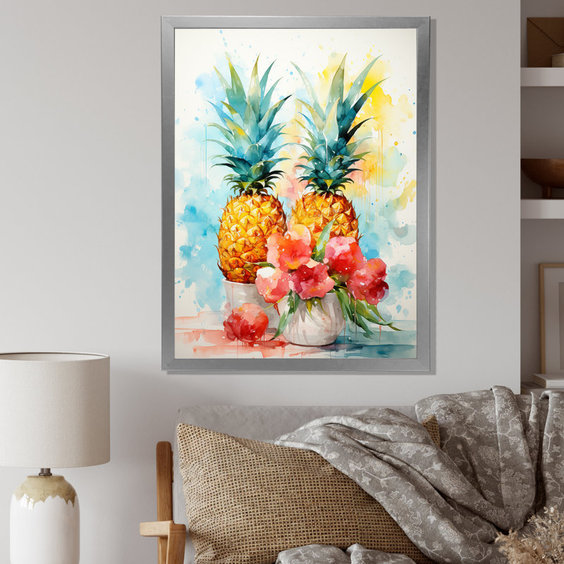 Aquarel ananas, peinture - Art mural ananas, Cadre simple argenté, H 32 po x l 24 po x P 1 po