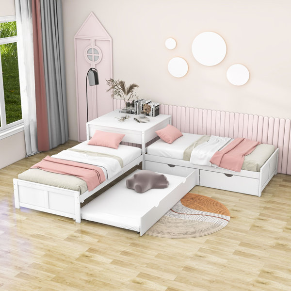 Latitude Run® Twin Size L-Shaped Platform Bed with Trundle and Two ...