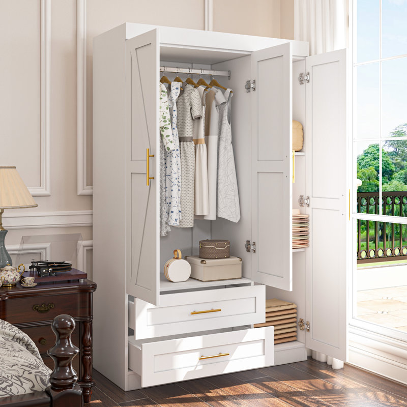 Armoire à 3 portes avec tiroirs Shaker, Blanc / Blanc
