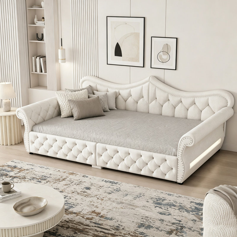 Grand lit de jour rembourré avec éclairage DEL, Beige