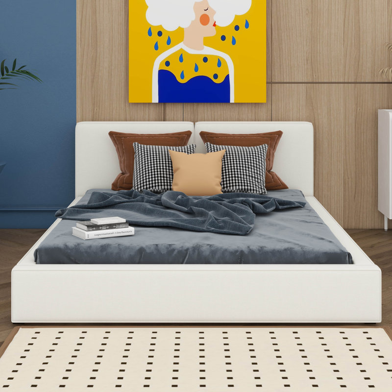 Grand lit tapissier avec base solide, Beige