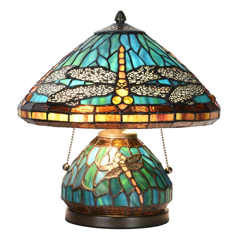 Stained Glass Dragonfly Table Lamp With A Lit Base