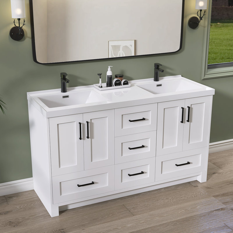 Donnal 60 po Meuble-lavabo autoportant à double cuve avec surface solide, Blanc