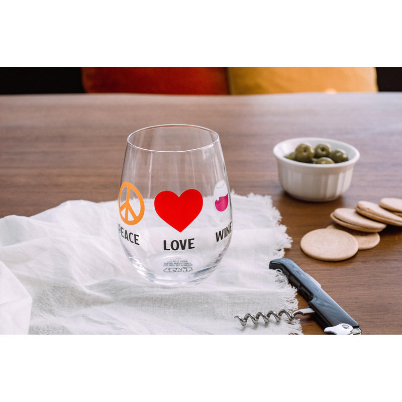 Grand verre à vin sans pied «Peace Love Wine» | Peut contenir 20 onces