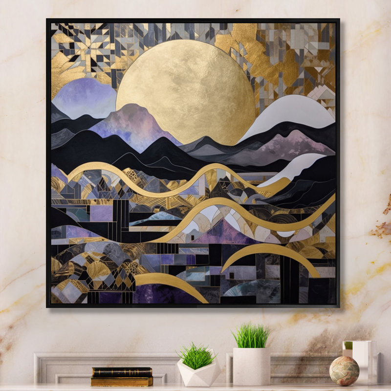 Golden Rising Moon I - reproduction d'art sur toile, H 30 po x l 30 po x P 1 po, Cadre flottant noir