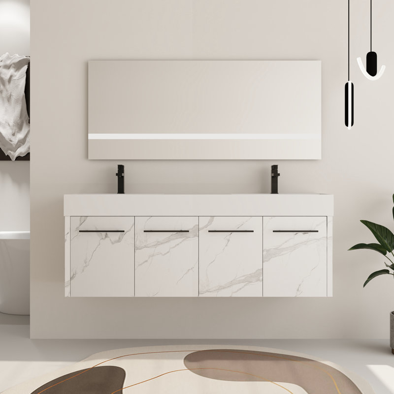 60" Bathroom Vanity with Sink, 60 Inch Floating Vanity, Double Sink Wall Mounted Vanity Combo, Modern Bathroom Vanity Set with 4 Doors and Resin Basin Sink