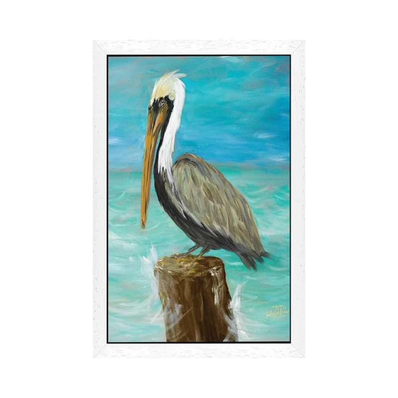 Single Pelican On Post by Julie Derice - Print on Canvas, 152.5 cm H x 101.5 cm W, White Framed