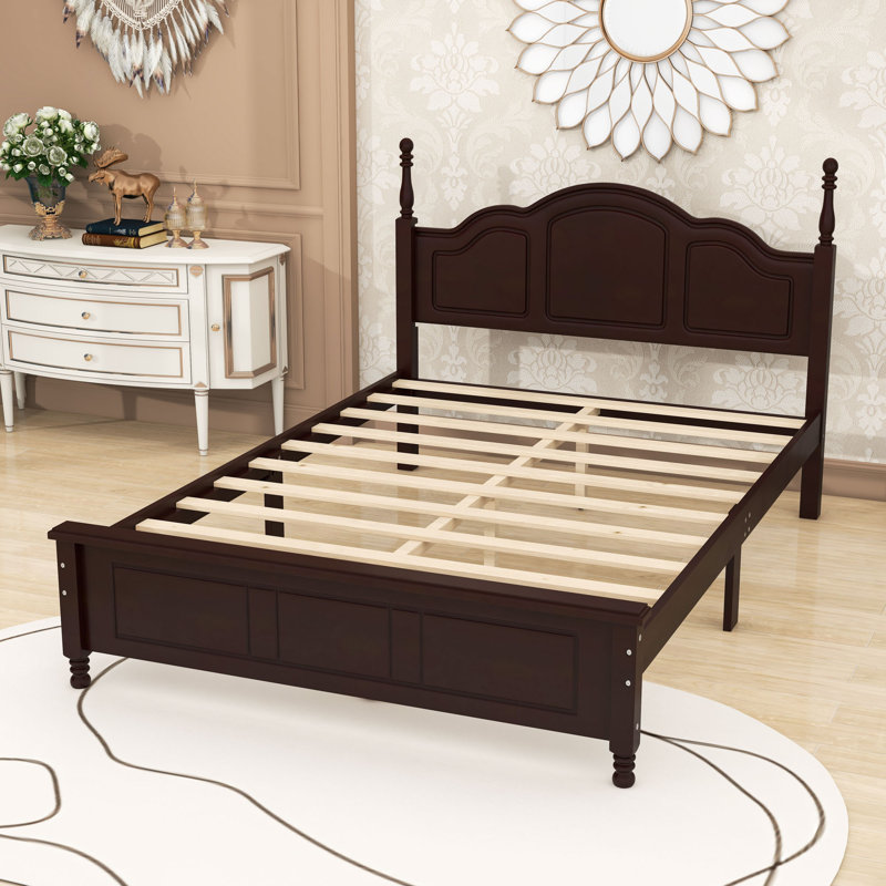 Lit plateforme en bois d'inspiration rétro avec tête de lit unique, Double, Noyer foncé