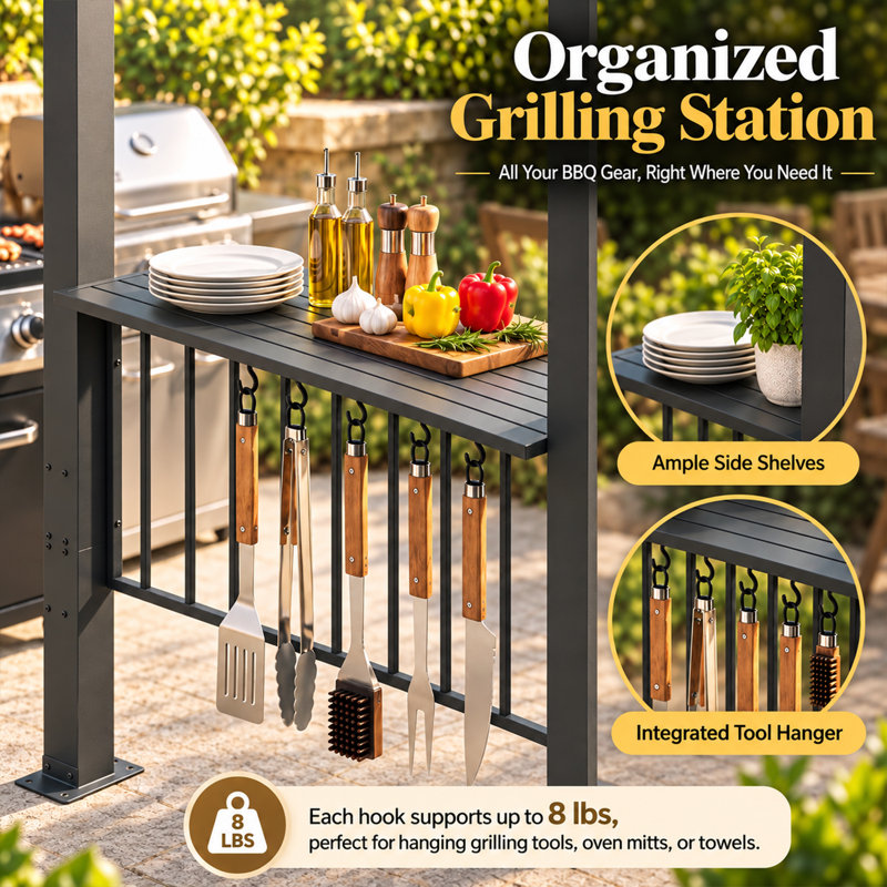 12 ft. W x 6 ft. D Metal BBQ Gazebo with Galvanized Steel Hardtop Roof and Dual Side Serving Shelves, Outdoor Patio Shelter Backyard Pavilion for Grilling, Dining and Entertaining