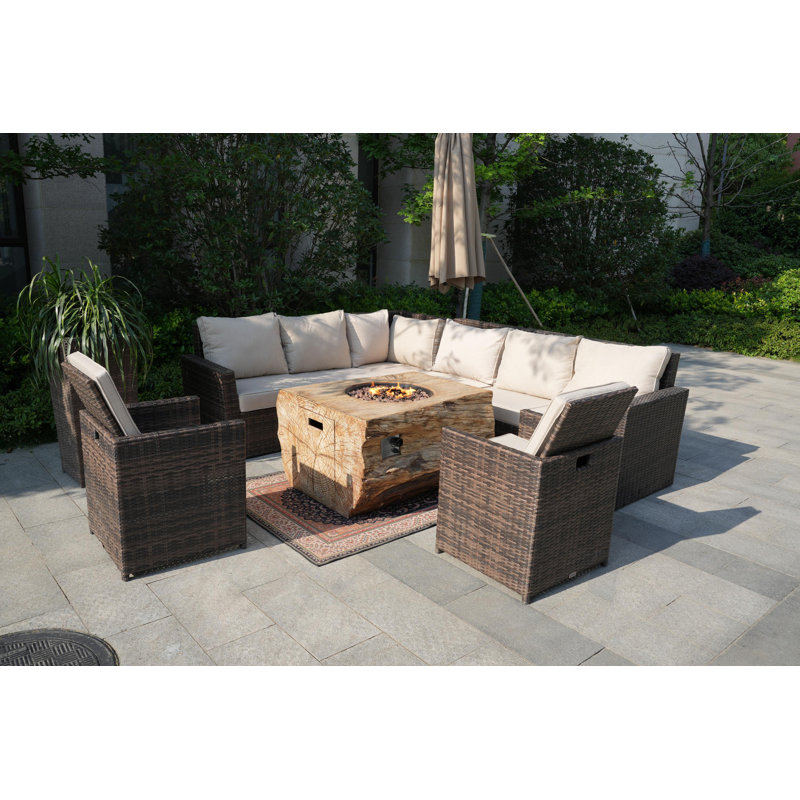 8 - Person Patio Conversation Set with Cushions, Beige