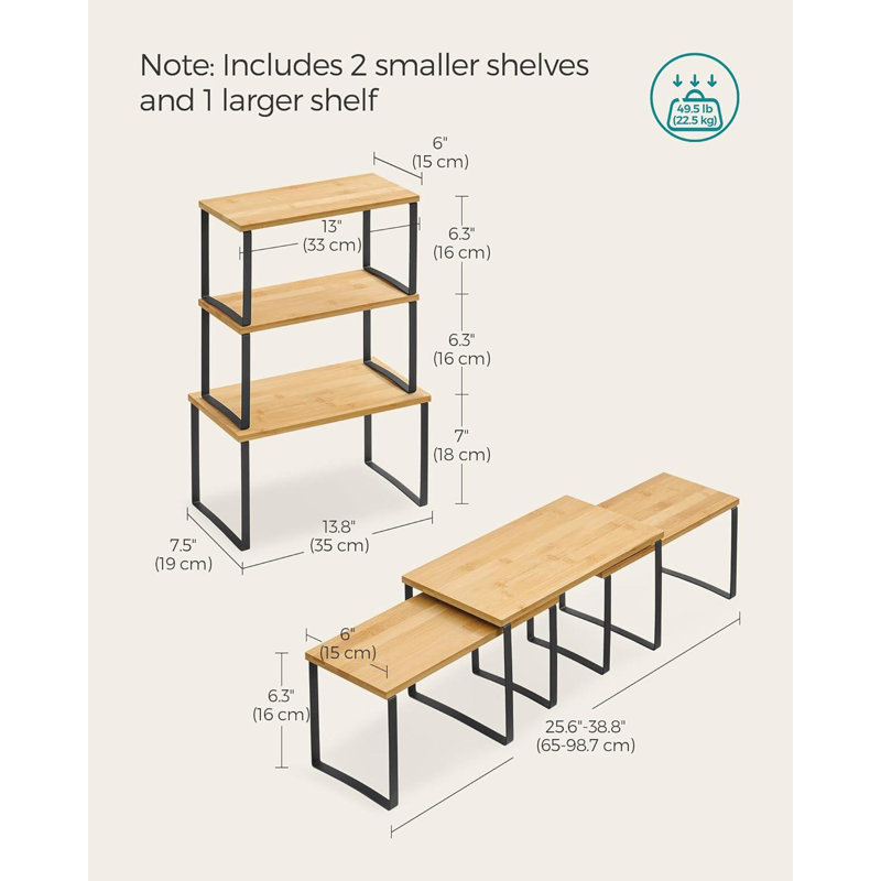 Cabinet Organizer Shelf, Set Of 3 Kitchen Counter Shelves, Kitchen Storage, Spice Rack, Stackable, Expandable, Black/Natural
