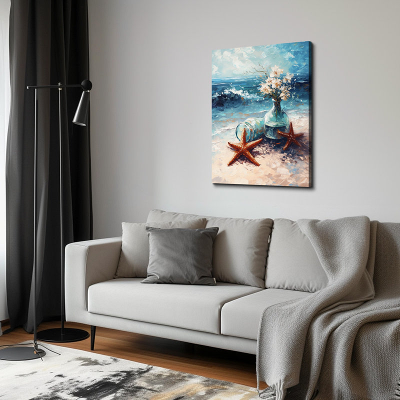 «Ocean Shore with Glass Bottles and Blooms - Nautical Coastal», reproduction d'art sur toile tendue, 48" H x 32" W