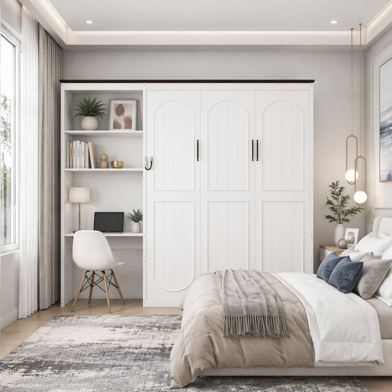 Lit escamotable avec bureau intégré, appliques murales et rangement multicouche, conception peu encombrante, Blanc