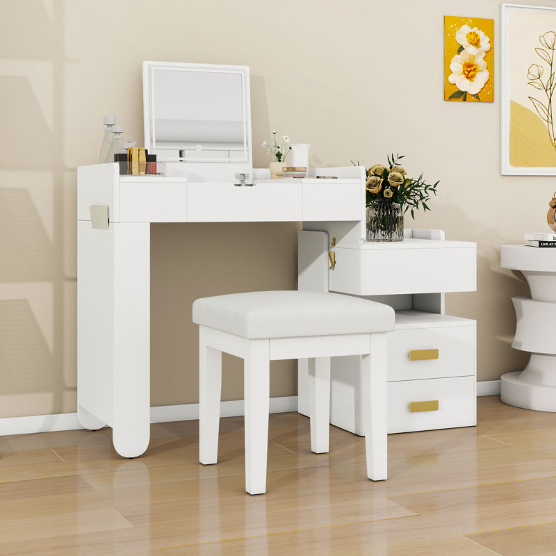 Makeup Vanity Desk with Flip-Top Mirror, Drawers, LED Lighting and Stool, White