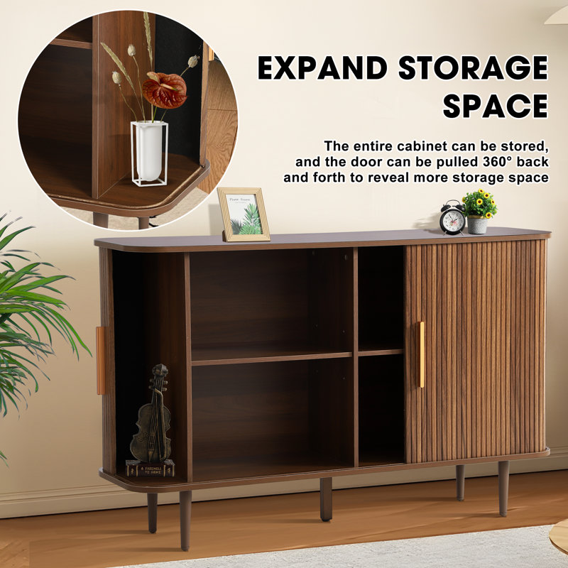Brown Oak Grain 47" Sideboard Buffet Cabinet with Fluted Sliding Doors
