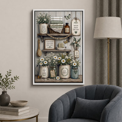 «Farmhouse Daisy Bath Shelf Arrangement», images de salle de bain, impression sur toile encadrée