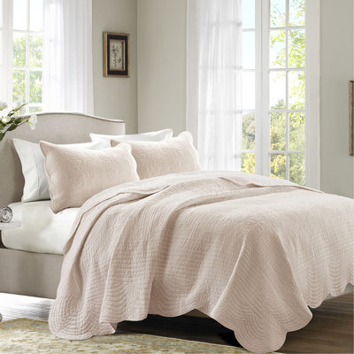 Courtepointe 3 pièces rosée, bord festonné réversible, microfibre, rembourrage 90% coton
