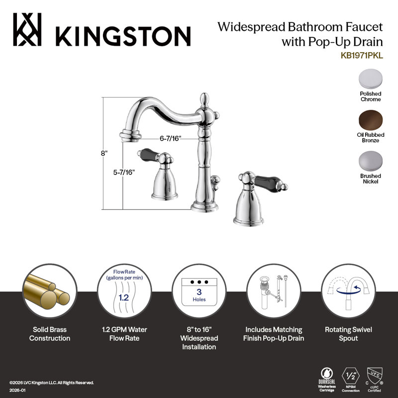 Robinet de salle de bain espacé à deux poignées à 3 poignées avec bonde escamotable Kingston Brass Duchess, Nickel brossé