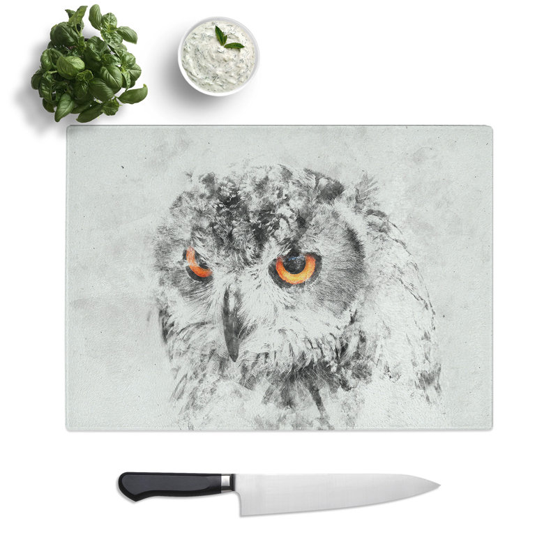 Tempered Glass Orange Eyed Owl Chopping Board, 20 cm x 28.5 cm