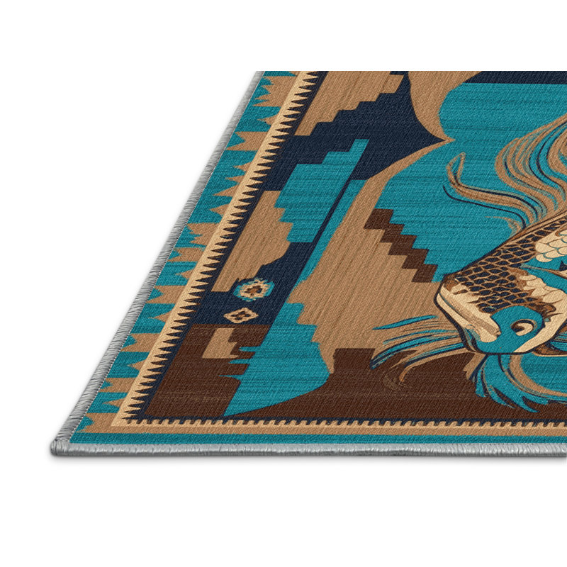 Washable Koi Fish Southwestern Area Rug, Square 4'