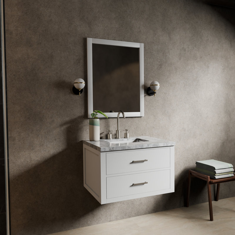 Castor 30 in W x 22 in D Single Bath Vanity and 28 in Mirror, White, White Carrara Marble