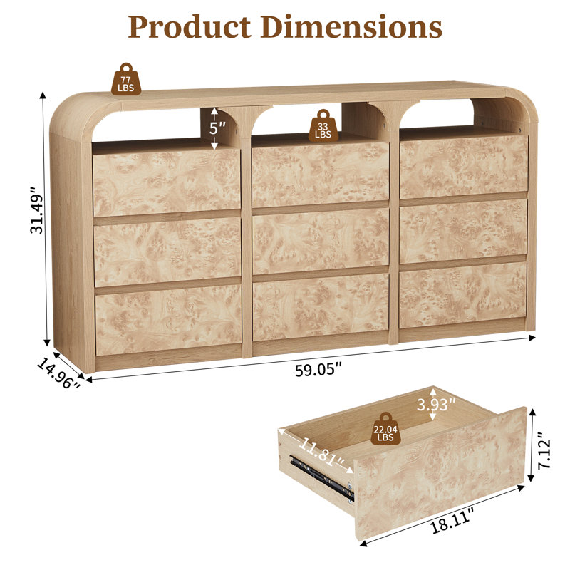 59'' W 9 Drawer Burl Wood Dresser, Natural