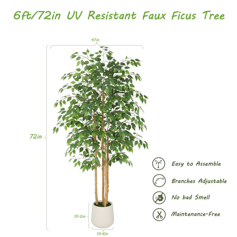 Ficus artificiel en figuier blanc en pot décoratif, plante artificielle réaliste avec bois naturel multi-troncs pour la décoration de bureau personnel