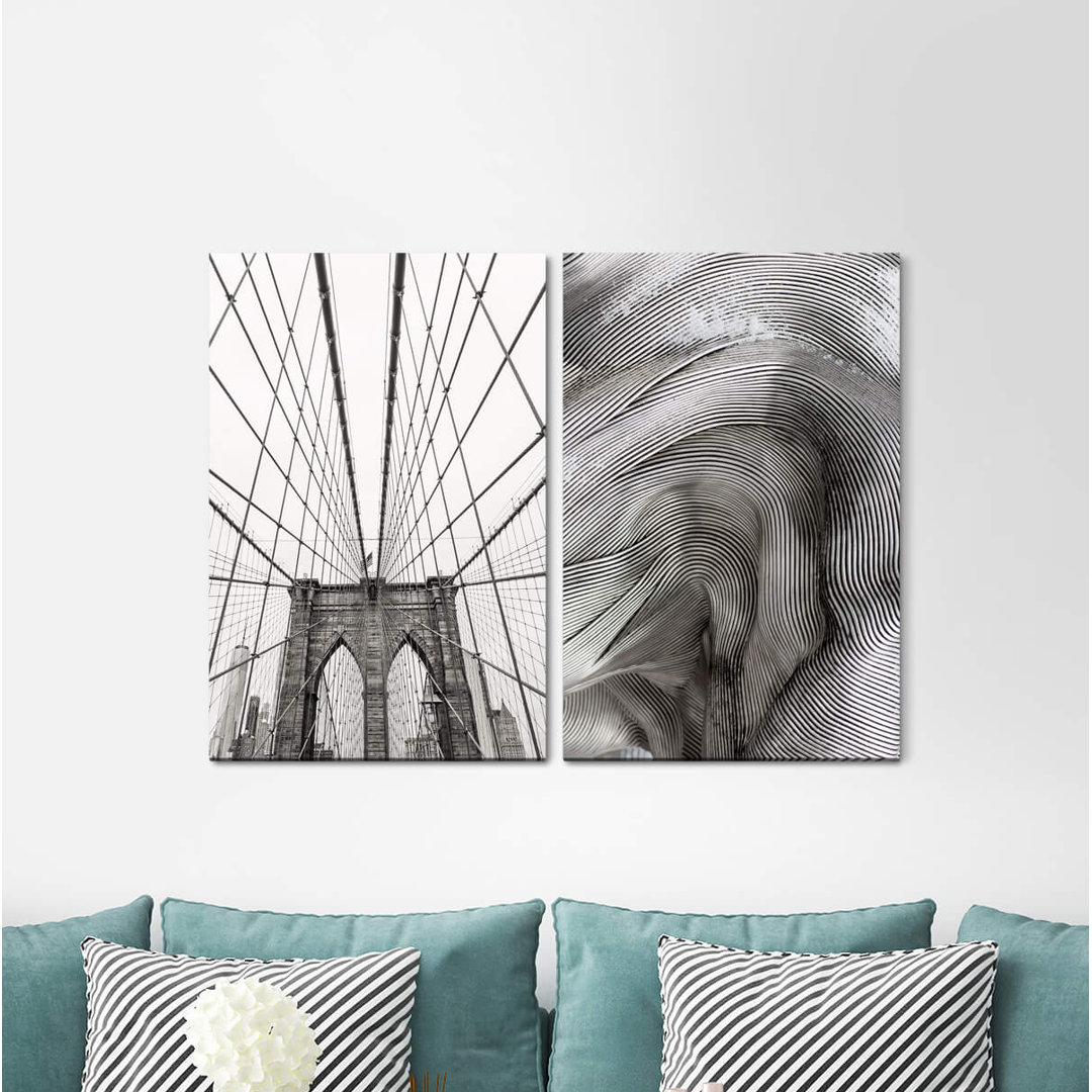 2-tlg. Leinwandbilder-Set - Fotografie „Brooklyn New York Suspension Bridge Black White”