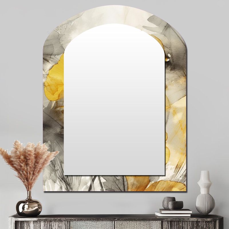 Palmier Tropical Ginkgo Artwork III - miroir asymétrique jaune, miroir mural de forme unique traditionnelle, impression d'art en métal