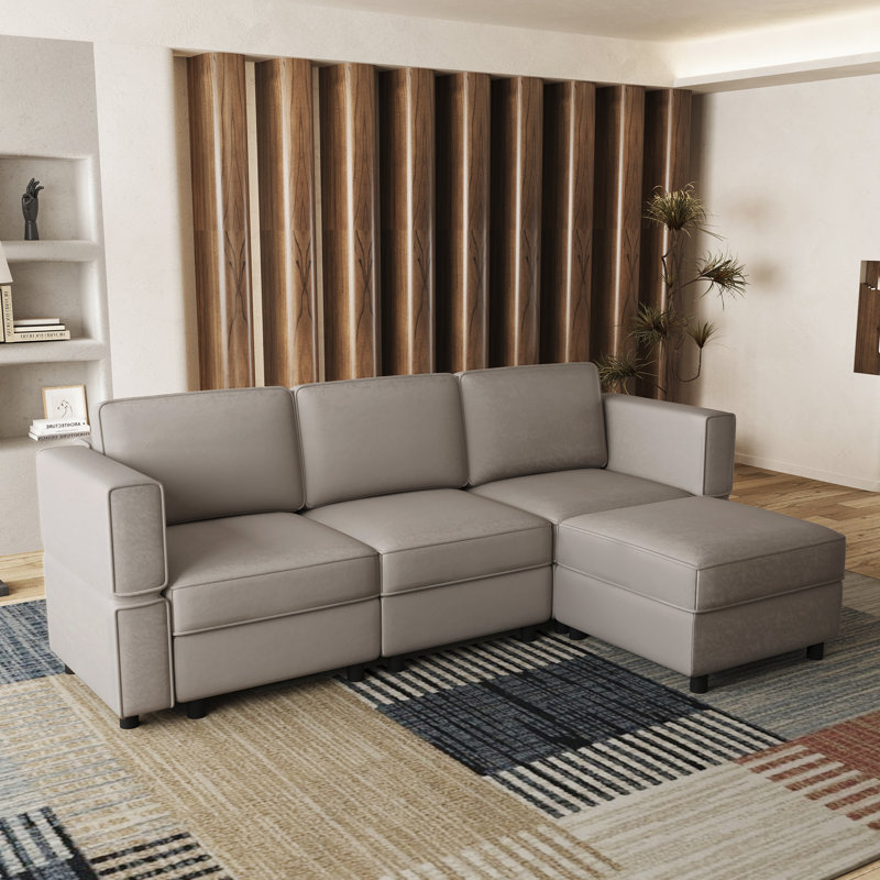 Canapé modulaire en L avec repose-pieds mobile, Velours gris velours, H 33,9 po x l 88,6 po x P 57,1 po 