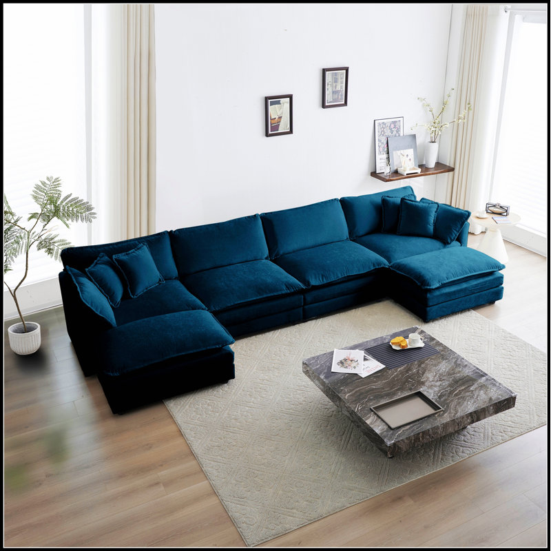 Canapé confortable en forme de U avec méridienne réversible, conception modulaire, grand repose-pieds double et tissu bleu doux