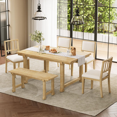 6-Piece Farmhouse Dining Set For 6, Kitchen & Dining Room Sets With Solid Wood Legs And Frame, Ergonomic Dual-Style Chairs, Ideal For Kitchen & Dining Room (Natural Wood Wash)
