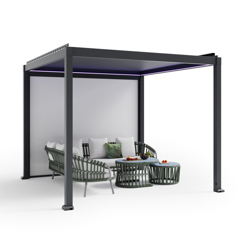 Motorized Louvered Aluminum Pergola With LED Light, Electric Screen And Solar Rain Sensor, 10' x 10'