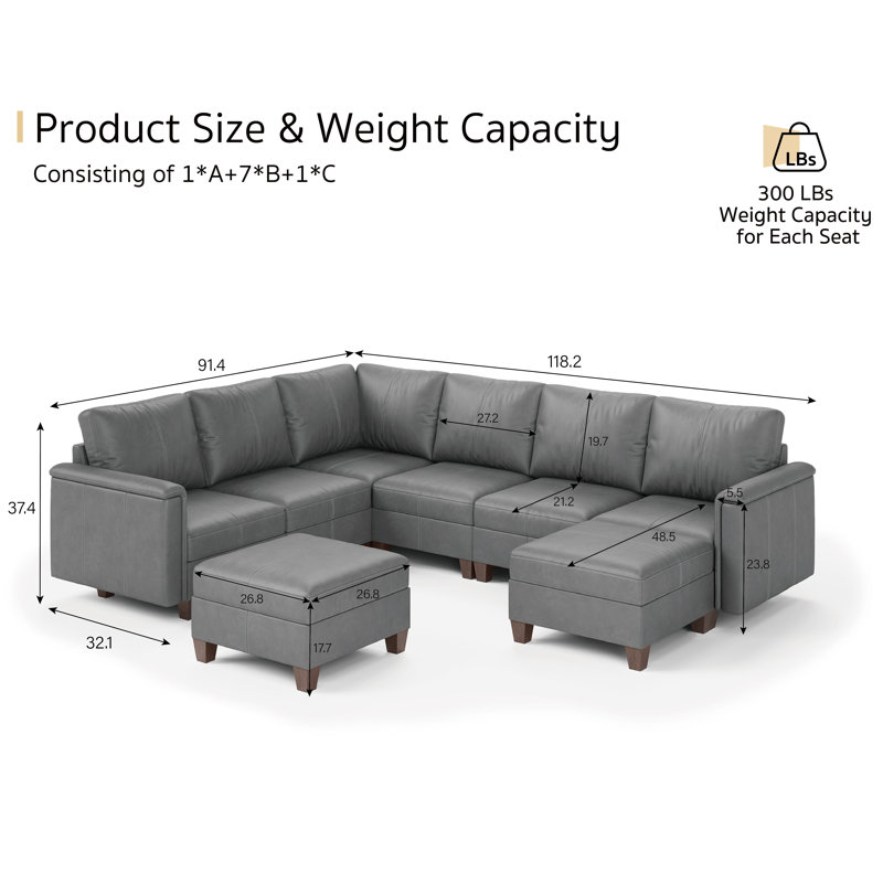 Faux Leather Modular Sectional Couches for Living Room, Modular Convertible 8 Seat U-Shaped Sofa with Storage & Ottoman, 118 inch Width