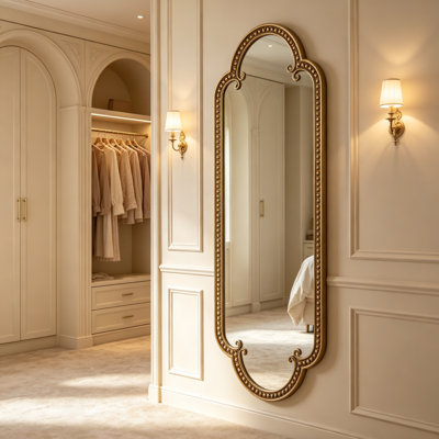 Miroir mural rétro festonné doré avec cadre en métal perlé, 53 po x 20 po