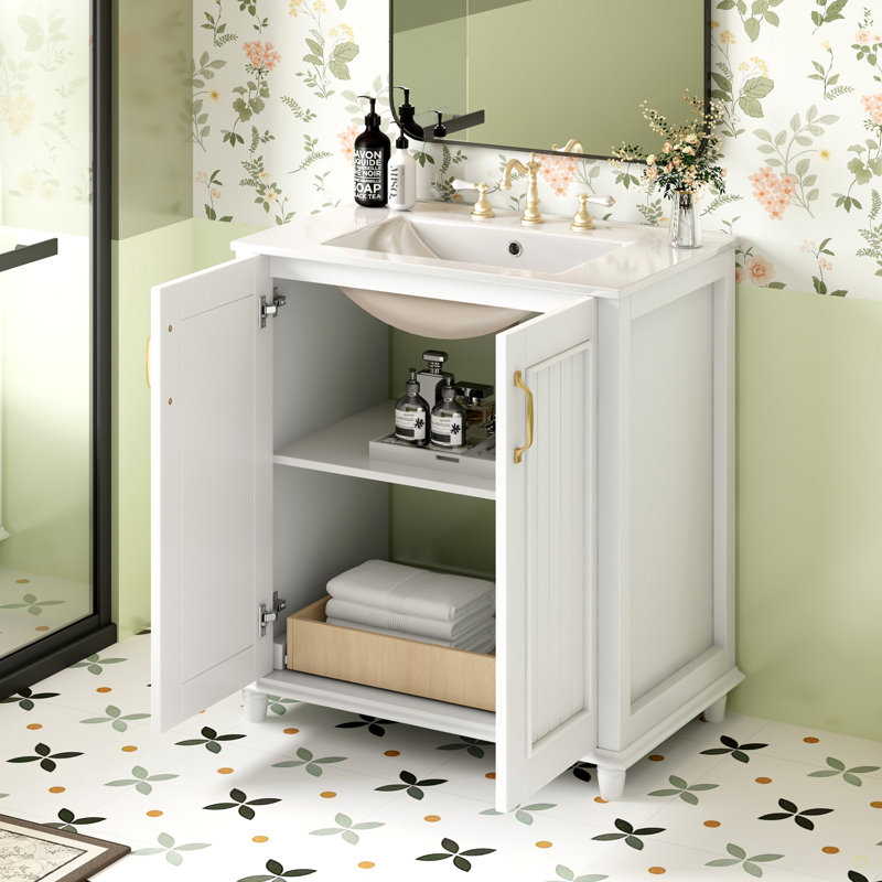 Meuble-lavabo de 30 po avec lavabo en céramique, ensemble de meuble-lavabo autoportant avec tiroir caché, armoire de rangement pour la salle de bain