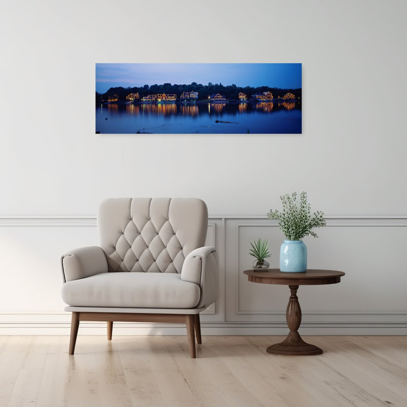 Boathouse Row lit up at dusk Philadelphia Pennsylvania USA 1 Piece Wrapped Canvas Panoramic Wall Art, 30.48 cm H x 91.44 cm W