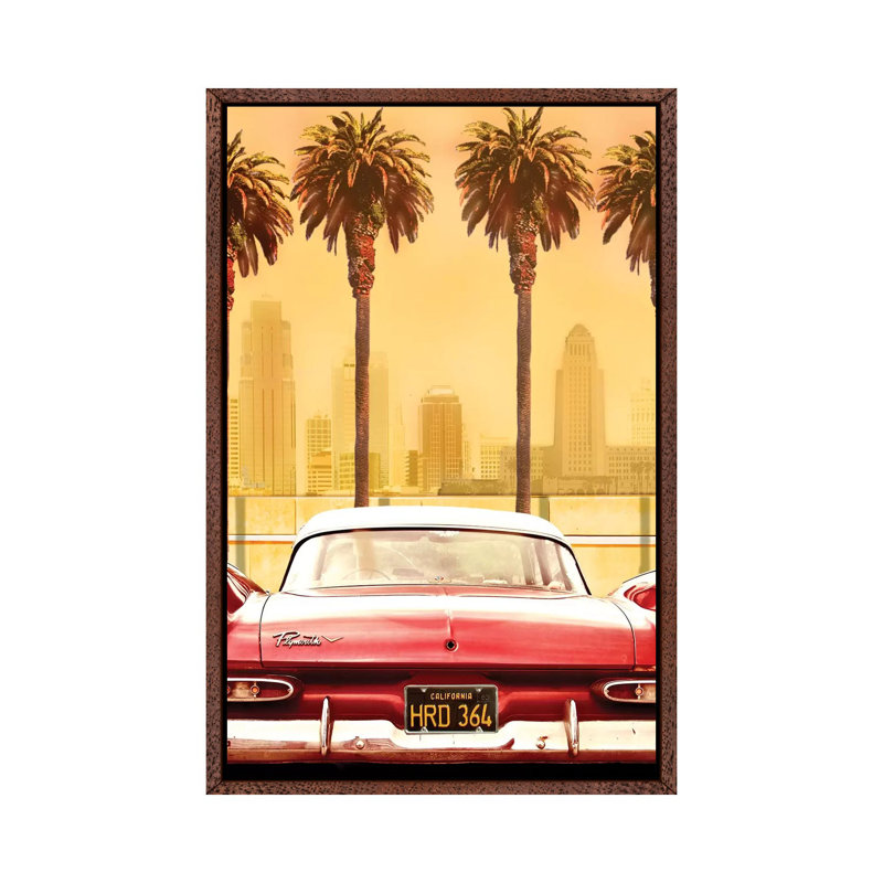 Plymouth Savoy With Palms by Larry Butterworth - Print on Canvas, Classic Brown Wood Floater Framed